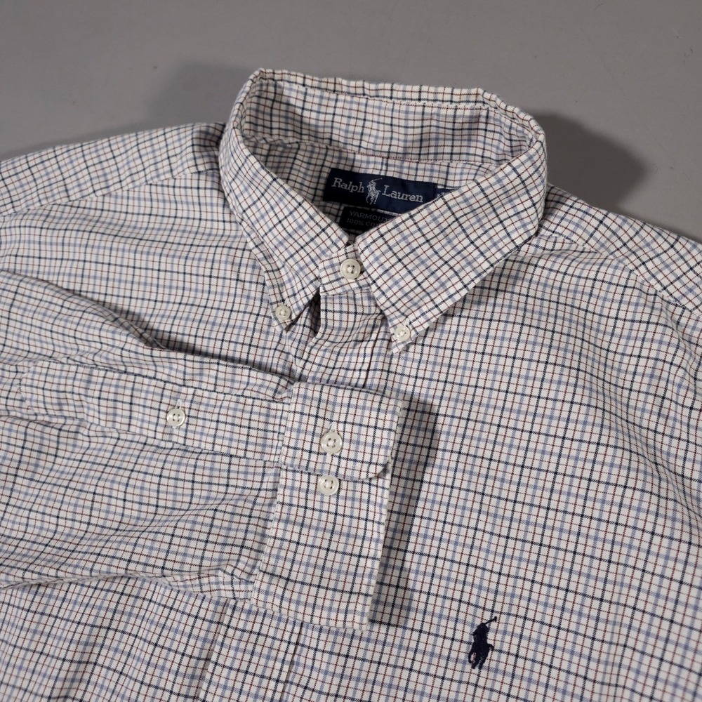 Ralph‎ Lauren Button Down Mens 16.5 32/33 White Blue Plaid Yarmouth Cotton Shirt